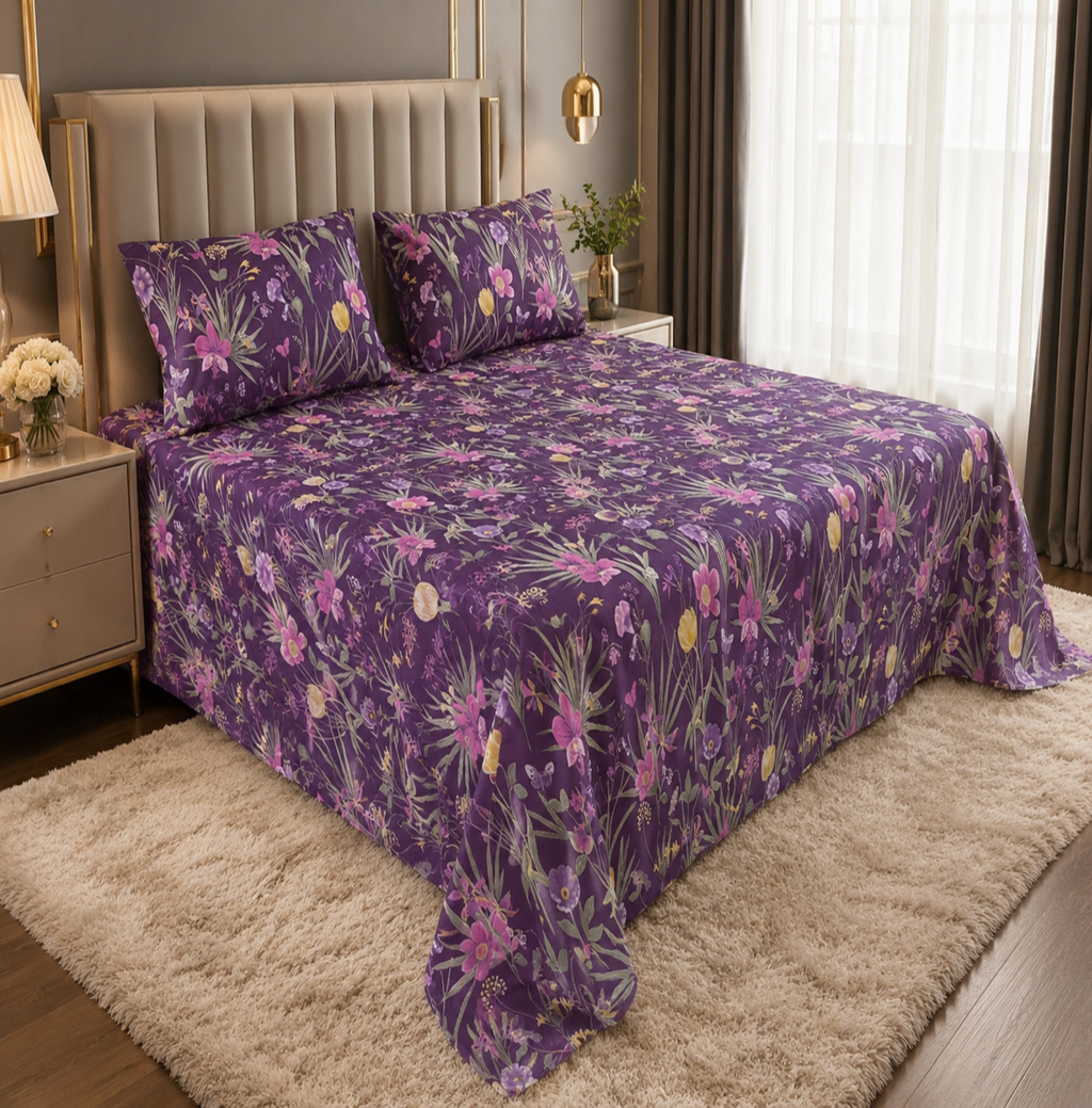 Purple Garden Premium Cotton Bedsheet