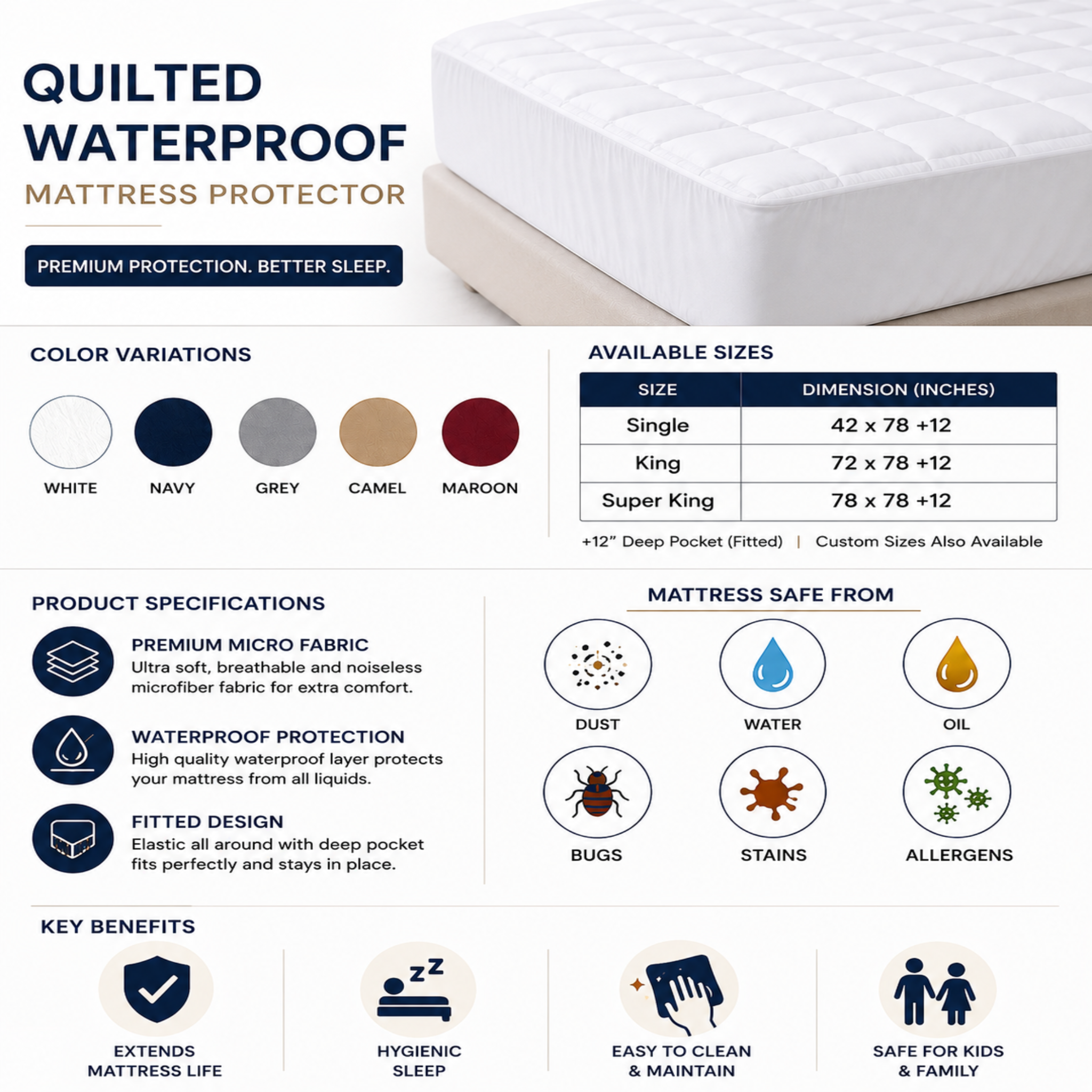 Premium Quilted Waterproof Mattress Protector – Deep Pocket Fitted Design