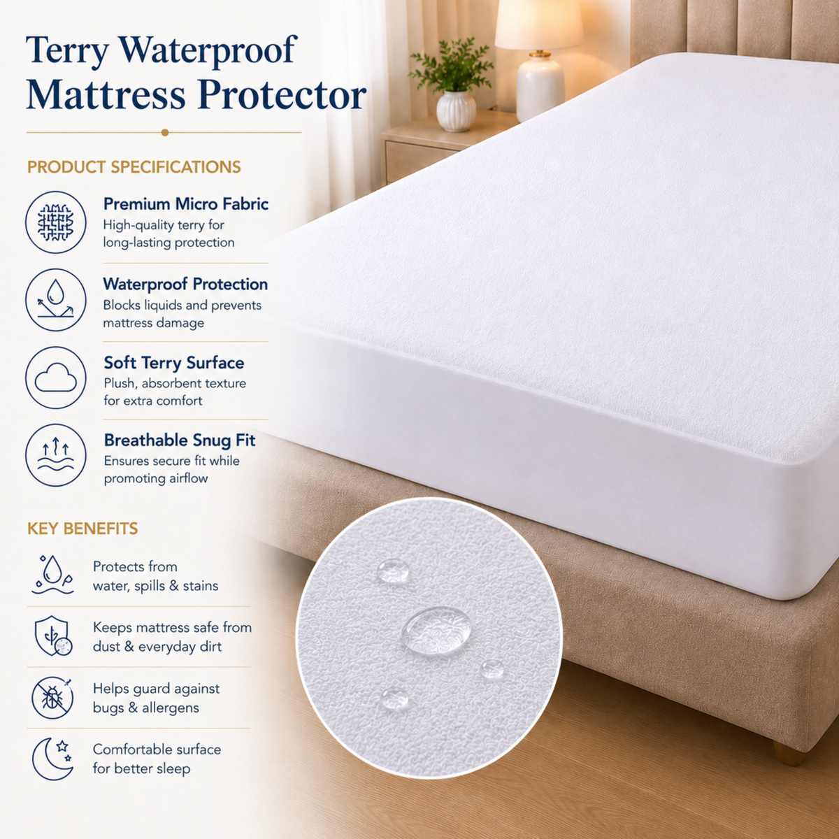 Premium Terry Waterproof Mattress Protector – White Deep Pocket Fitted Cover