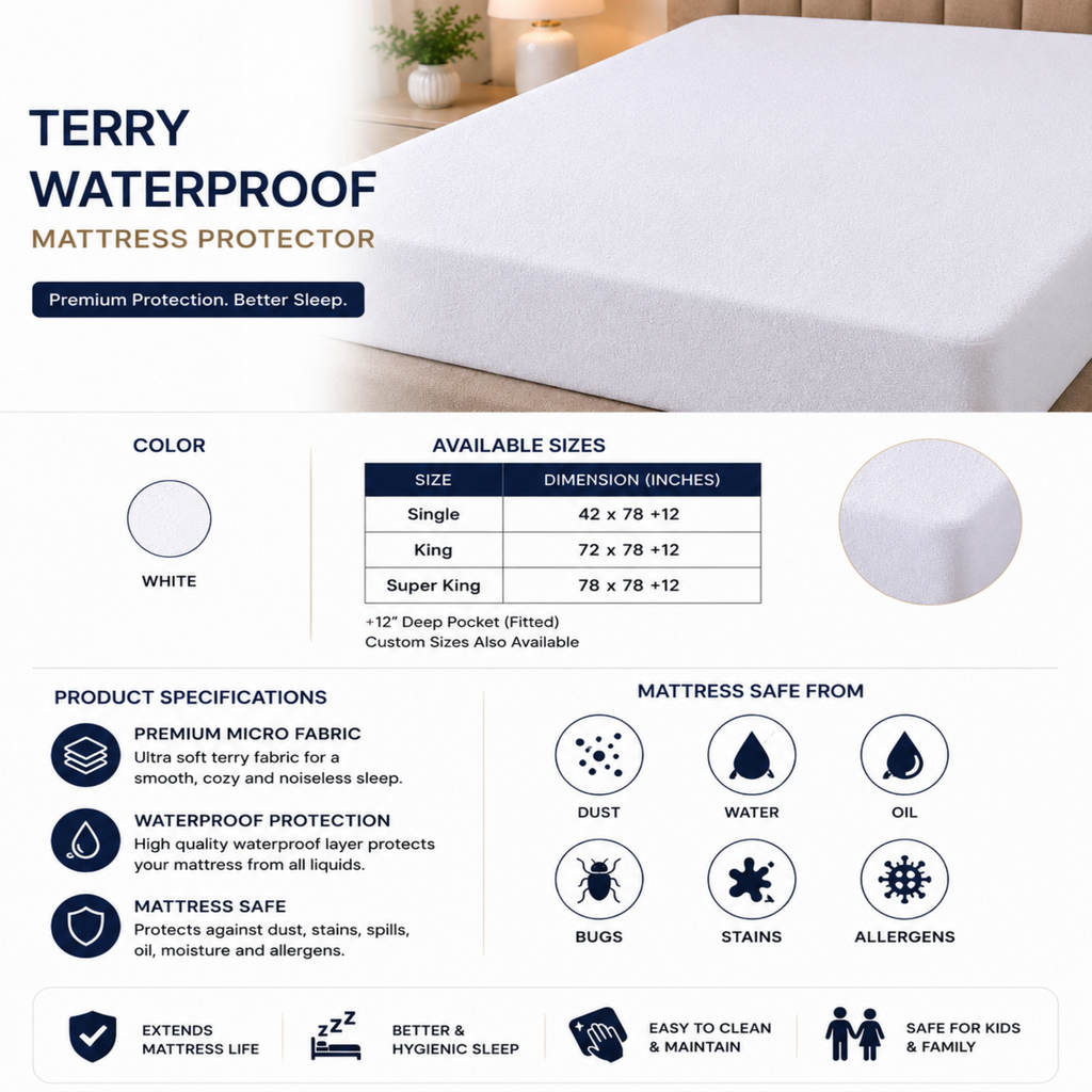 Premium Terry Waterproof Mattress Protector – White Deep Pocket Fitted Cover