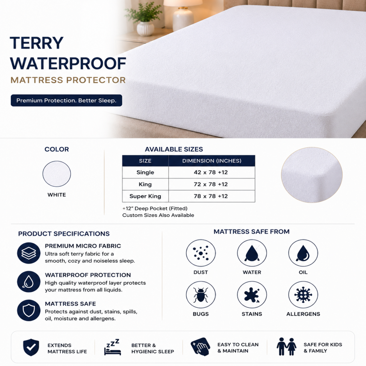 Premium Terry Waterproof Mattress Protector – White Deep Pocket Fitted Cover
